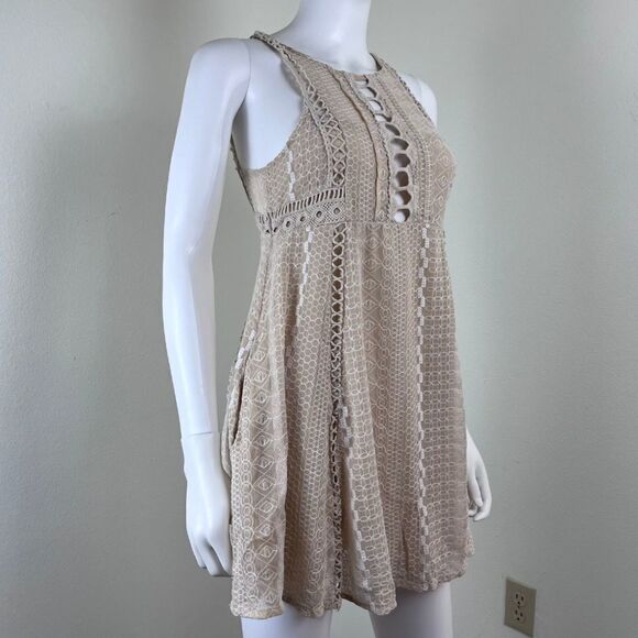 Free People Wherever You Go Size 4 Crochet Babydoll Mini Fit & Flare Dress Boho - Picture 9 of 14